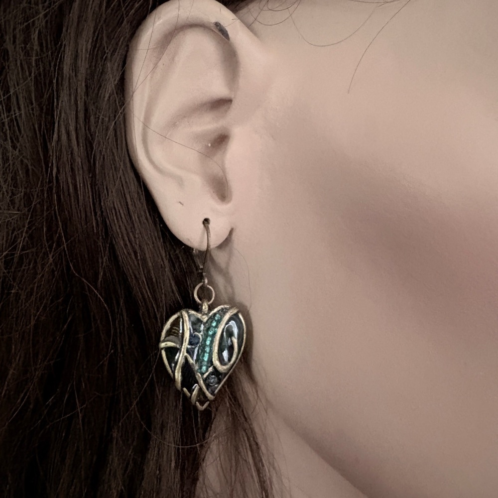 Filigree Heart Drop Earrings in Teal and Gold-Tone